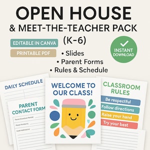 Puede incluir: Documentos escolares imprimibles para eventos de puertas abiertas y reuniones con profesores. Incluye un horario diario, un formulario de contacto para padres, reglas de clase y un letrero de bienvenida con un gráfico de lápiz sonriente.