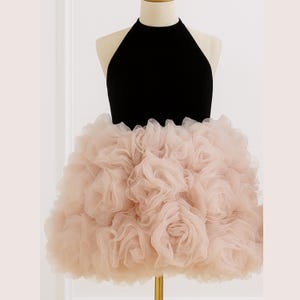 May include: A black halter top dress with a voluminous, light pink, ruffled skirt. The skirt is made of layers of soft, flowing fabric, creating a textured, rose-like appearance. The dress is displayed on a mannequin.