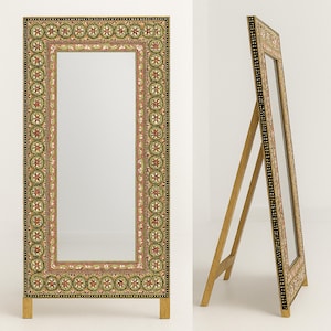 Hand Painted Standing Wooden Mirror Frame – Mughal Naqashi Art, Floral Ornamental Floor Mirror, Boho Vintage Home Decor Accent