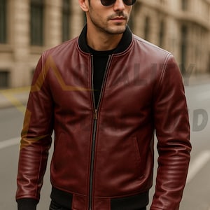 Men’s Burgundy Leather Bomber Jacket – Genuine Lambskin Slim Fit Winter Outerwear – Handmade Luxury Leather Gift for Him