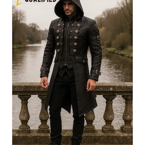 Men&#39;s Steampunk Leather Jacket with Hood - Gothic Victorian Vampire Coat Medieval Adjustable Tailcoat Gear