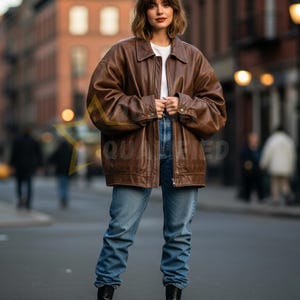 Vintage Oversized Brown Leather Jacket Women | Real Genuine Leather Coat | 90s Grunge Biker Style | Distressed Retro Outerwear