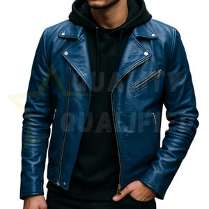 Men’s Blue Cowhide Leather Jacket – Classic Biker Style | Handmade Moto Jacket - Genuine Leather Outerwear for Men