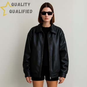 Handmade Oversized Black Leather Jacket for Women Boxy Fit Street Style Outerwear Real Sheepskin Leather - Loose Fit Streetwear Coat
