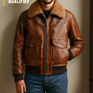 Braune Lederjacke für Herren mit Pelzkragen, warme Winteroberbekleidung, klassischer Aviator-Stil, Vintage Bomber-Look, perfektes Geschenk für Ihn
