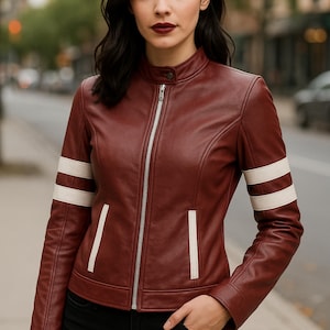 Women’s Burgundy Leather Biker Jacket – Genuine Sheep Leather Moto Jacket with White Stripes, Slim Fit Cafe Racer Jacket, Handmade Moto Coat