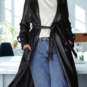 Women&#39;s Black Sheepskin Leather Trench Coat - Classic Double-Breasted, Long & Stylish, Perfect for Fall Winter Fashion- Long Coat for her
