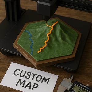May include: A 3D printer creating a custom map. The map features a green terrain with an orange road and blue river. A digital caliper shows a measurement of 12.57 inches. The text "CUSTOM MAP" is on a white card.