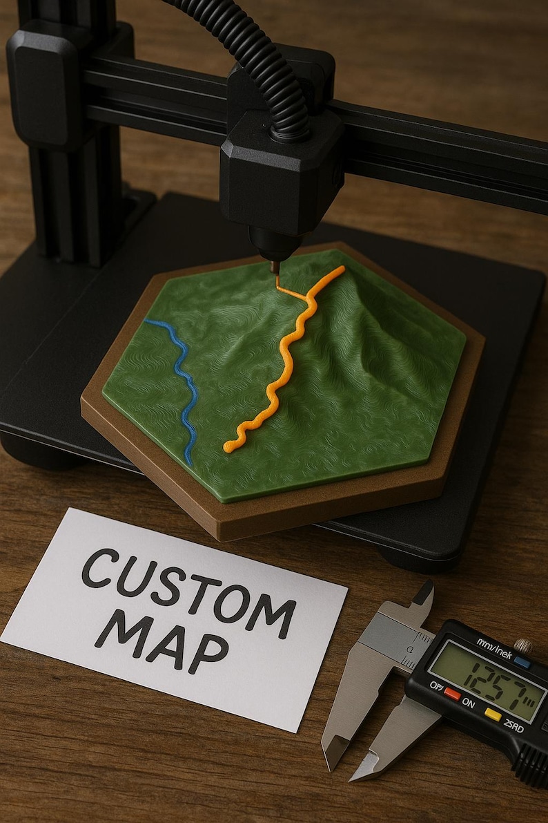 May include: A 3D printer creating a custom map. The map features a green terrain with an orange road and blue river. A digital caliper shows a measurement of 12.57 inches. The text "CUSTOM MAP" is on a white card.