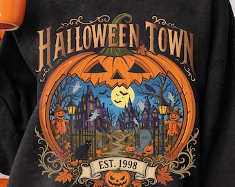 Paquete de imágenes PNG, SVG y EPS de pueblo de Halloween, diseño de pueblo de calabazas espeluznantes, sublimación de pueblo embrujado, PNG de camiseta vintage de Halloween