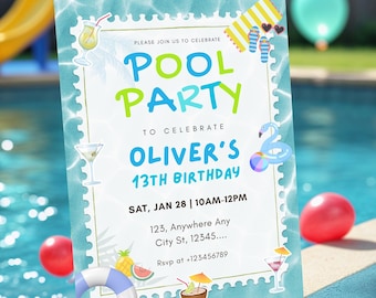 Invitación de cumpleaños para fiesta en la piscina, invitación para fiesta de verano con flamencos azules para niñas, invitaciones para fiestas en la piscina, plantilla editable de Canva.