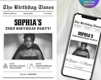 Krant verjaardagsuitnodiging, bewerkbare canvassjabloon, feestthema, afdrukbaar, digitale download