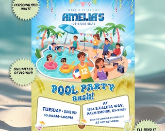 Invitación personalizada para fiesta de cumpleaños en la piscina, invitación para fiesta de verano en la piscina, invitación de cumpleaños infantil en la piscina, descarga digital imprimible