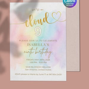 May include: A rectangular birthday invitation card featuring a pastel watercolour background in shades of pink, blue, and yellow. The text reads: We're on cloud 9, Please join us to celebrate Isabella's ninth birthday, Friday, May 29th, 2026, 1:00 PM - 3:00 PM, 12416 Blossom Hollow, San Antonio, United States, RSVP please to Marie by June 17 at 967.854.2430.