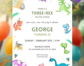Invitación digital de cumpleaños de dinosaurios Rex, plantilla editable de Canva, invitación imprimible para fiesta de dinosaurios Rex.