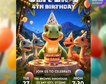 Bewerkbare dinosaurusverjaardagsuitnodiging, Dino Four Party, T-Rex Invite, Jurassic Park Canva-sjabloon