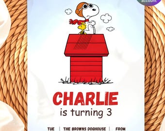 Snoopy-verjaardagsuitnodiging | Flying Snoopy on Doghouse, Peanuts-feestuitnodiging | Bewerkbaar in canvas