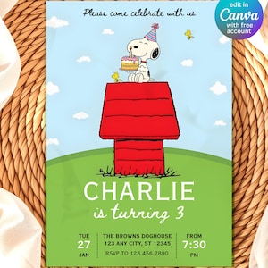 May include: Birthday invitation featuring Snoopy from Peanuts, sitting atop his red doghouse and holding a cake. The invitation reads "Charlie is turning 3" with event details. The background is light blue with white clouds.