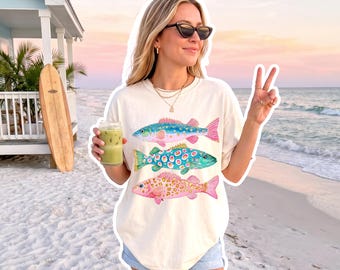PNG de peces costeros estilo preppy, PNG de tres peces, diseño de sublimación de peces tropicales con estampado rosa, PNG de sublimación