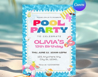 Invitación de cumpleaños para fiesta en la piscina, invitación de cumpleaños de verano en la piscina, plantilla de Canva para fiesta infantil en la piscina, imprimible y editable.