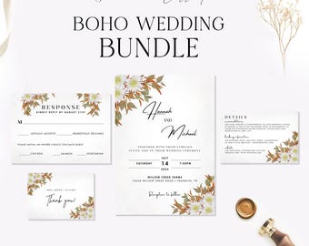 Floral Wedding Invitation Suite | Editable Boho Canva Template (Instant Download, Printable)