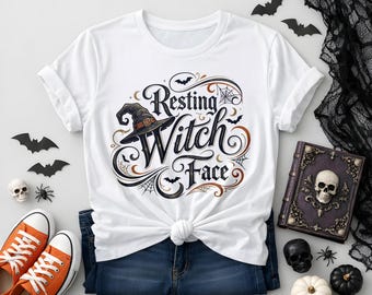 Imagen PNG de cara de bruja en reposo, diseño de camiseta de mujer bruja, diseño de sublimación de Halloween, descarga digital.