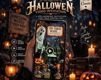 Halloween Party Video Invitation, Dancing Witches & Ghosts, Animated Canva Template, Editable Digital Invite