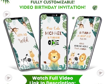 Jungle Safari video-verjaardagsuitnodiging: bewerkbare Wild One Party digitale download