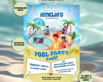 Invitación personalizada para fiesta de cumpleaños en la piscina, invitación de cumpleaños de verano en la piscina, invitación para fiesta tropical en la piscina, invitación digital para niño o niña.