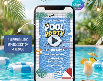 Video de invitación a fiesta de cumpleaños en la piscina, fiesta en la piscina, fiesta de verano en la piscina, plantilla editable de Canva, descarga instantánea.
