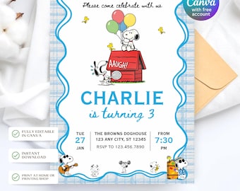 Snoopy-verjaardagsuitnodiging voor meisjes en jongens, Peanuts-feestuitnodiging, Snoopy Doghouse