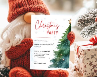 May include: A Christmas party invitation held by a red gnome. The invitation features the words "Christmas Party" in red script, a watercolor Christmas tree, and event details. The gnome is wearing a red knitted hat and holding the invitation in front of a snowy background.