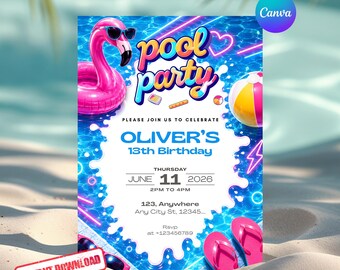 Plantilla de invitación de cumpleaños para fiesta en la piscina, invitación de cumpleaños editable para piscina, invitación de cumpleaños para adolescentes con temática de flamencos, descarga instantánea.