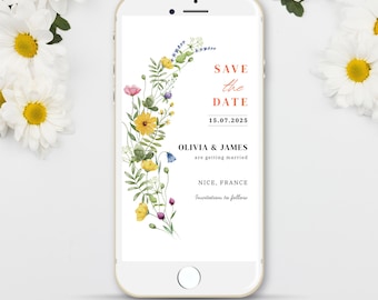 Wildflower Save the Date Invitation Template, Editable Boho Floral wedding invite template, Instant Download
