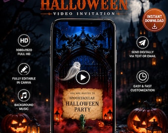 Scary Halloween Video Invitation, Animated Halloween Party Invite, Editable Canva Template