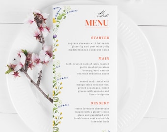 Wedding Menu Template: Wildflower Floral Design, Editable Printable Dinner Card