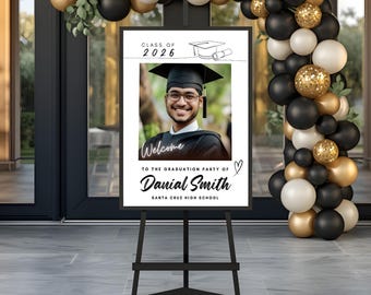 Cartel de bienvenida para graduación con foto, cartel para fiesta de graduación, editable en Canva (descarga digital)