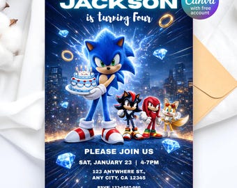 Sonic The Hedgehog 3 verjaardagsuitnodiging | Bewerkbare gamercanva-sjabloon | Afdrukbare uitnodiging voor gameparty