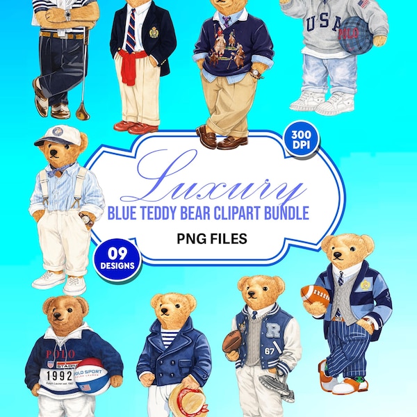 Bundle de luxe preppy nounours Clipart PNG SVG, fond transparent, téléchargement numérique