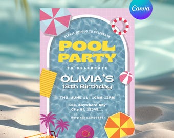 Plantilla de invitación de cumpleaños para fiesta en la piscina, tarjeta de invitación editable para fiesta infantil de verano en la piscina (descarga digital)