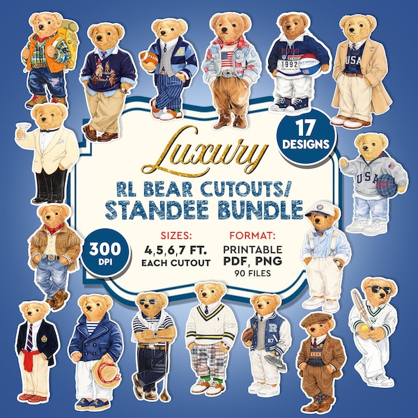 Bundle imprimable de luxe ours en peluche preppy découpe, décoration de fête vieil argent preppy, téléchargement numérique