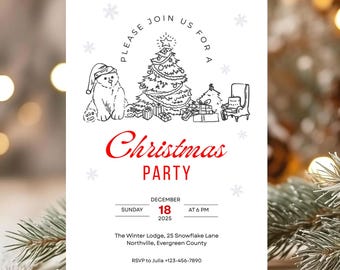 May include: A white Christmas party invitation with a festive illustration. The design features a Christmas tree, gifts, and a bear wearing a Santa hat. The invitation includes the text "Christmas Party" in red, along with the date, time, and location.