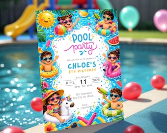 Invitación de cumpleaños para fiesta infantil en la piscina, invitación para fiesta de verano en la piscina, plantilla editable de Canva, invitación para fiesta en la piscina, descarga instantánea.