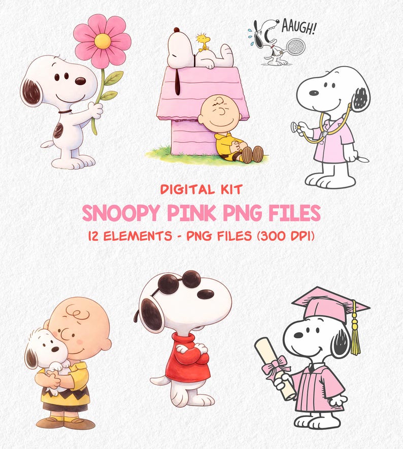 Snoopy Digital Pink Snoopy Clipart PNG Bundle, Snoopy Digital Kit, Peanuts Characters ...