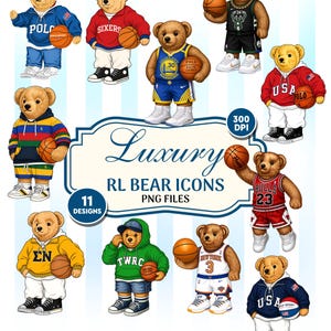 Pode incluir: Ilustrações digitais de ursinhos de pelúcia com roupas esportivas, cada um segurando uma bola de basquete. Os ursos usam as cores dos times, incluindo designs "POLO", "SIXERS", "BULLS" e "USA". A imagem inclui o texto "Luxury RL BEAR ICONS PNG FILES."