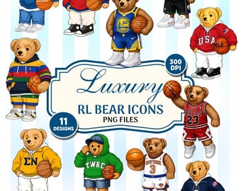 Luxury Preppy Teddy Bear Clipart PNG SVG Bundle, Transparent Background, Digital Download