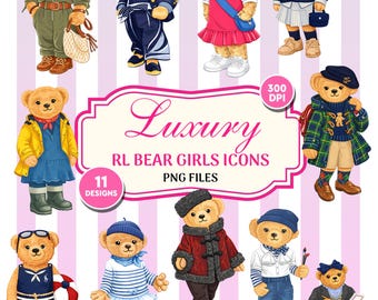 Luxury Preppy Teddy Bear Girls Clipart PNG Bundle, Transparent Background, Digital Download