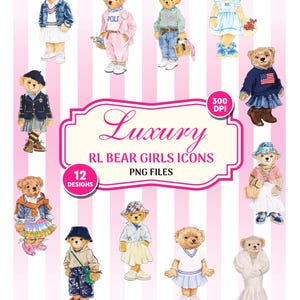 Puede incluir: Ilustración digital de doce osos de peluche con diferentes atuendos, incluyendo vestidos, suéteres y chaquetas. Los osos están sobre un fondo a rayas rosas y blancas, con el texto "Luxury RL Bear Girls Icons PNG Files".