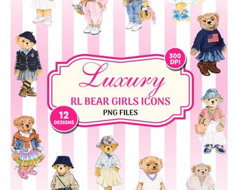 Luxury Girl Bear Clipart PNG Bundle -  Teddy Bear Icons Svg Digital Download, Transparent background
