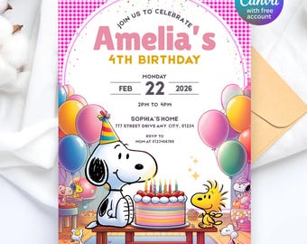 Snoopy-verjaardagsuitnodiging voor kinderen met ballonnen: bewerkbare canvassjabloon, uitnodiging Peanuts-feestje